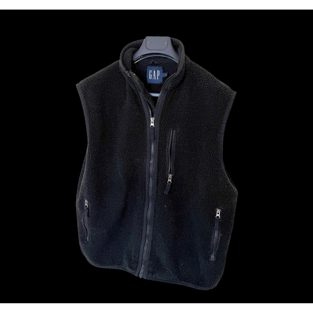 Vintage GAP Mens Sherpa Fleece Vest Full Zip Black Mock Neck Large